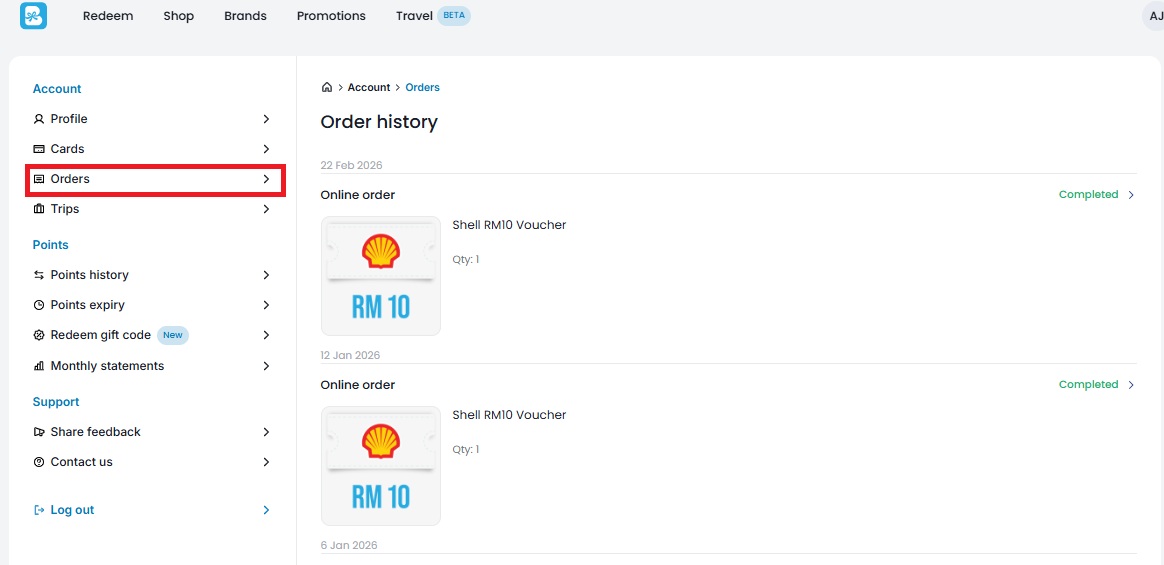 Go to My Account and select Orders